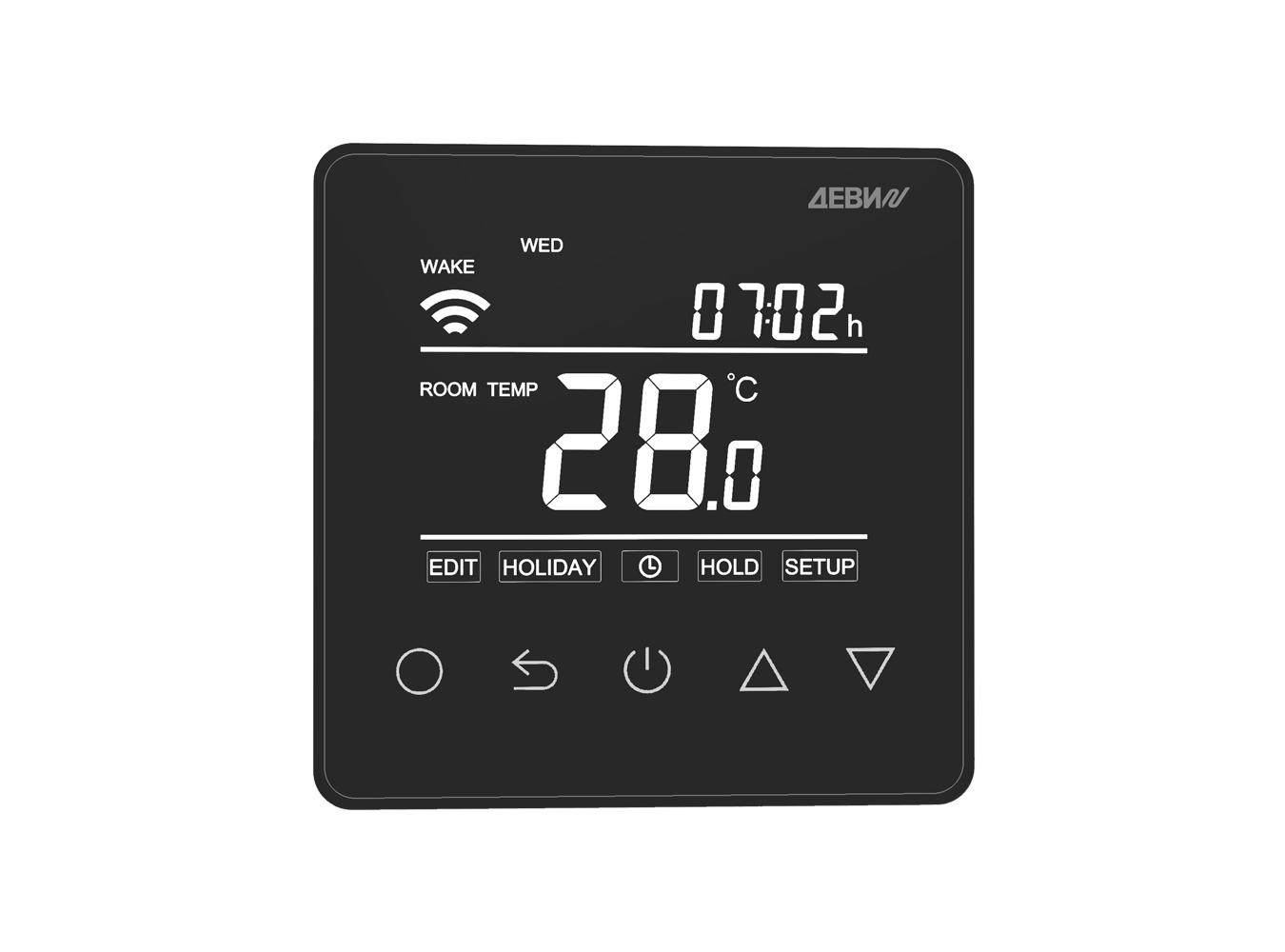 140F1143R — Терморегулятор ДЕВИ Prime (Прайм) c Wi-Fi черный IP 21, размеры 87 x 87 x 42 мм, диапазон регулирования температуры 5...40 °С