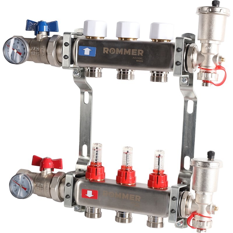 Коллектор Rommer 1"x3/4" на 3 контура с расходомерами в сборе (нерж. сталь) RMS-1210-000003