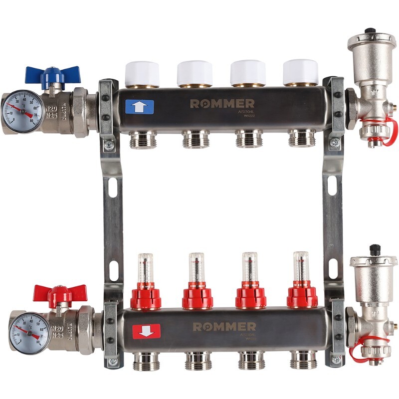 Коллектор Rommer 1"x3/4" на 4 контура с расходомерами в сборе (нерж. сталь) RMS-1210-000004