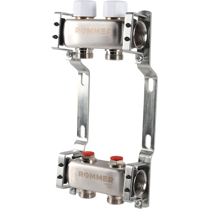 Коллектор Rommer 1"x3/4" на 2 контура с запорными клапанами (нерж. сталь) RMS-3200-000002