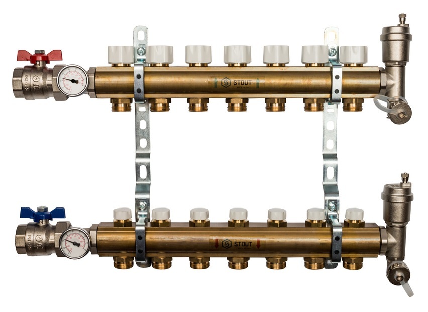 Коллектор Stout 1"x3/4" 7 контуров для радиаторного отопления из латуни SMB-0468-000007