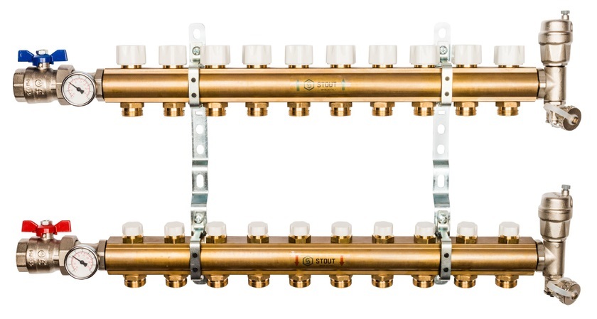 Коллектор Stout 1"x3/4" 10 контуров для радиаторного отопления из латуни SMB-0468-000010