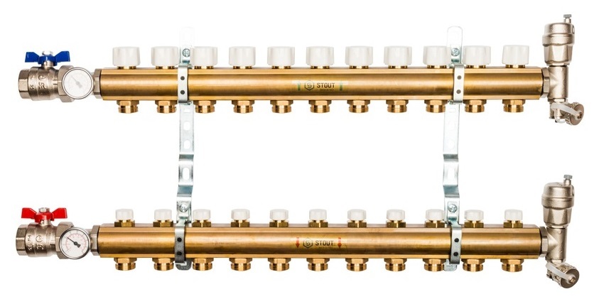 Коллектор Stout 1"x3/4" 11 контуров для радиаторного отопления из латуни SMB-0468-000011