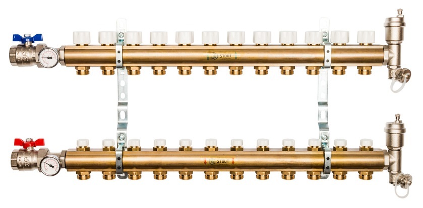 Коллектор Stout 1"x3/4" 12 контуров для радиаторного отопления из латуни SMB-0468-000012