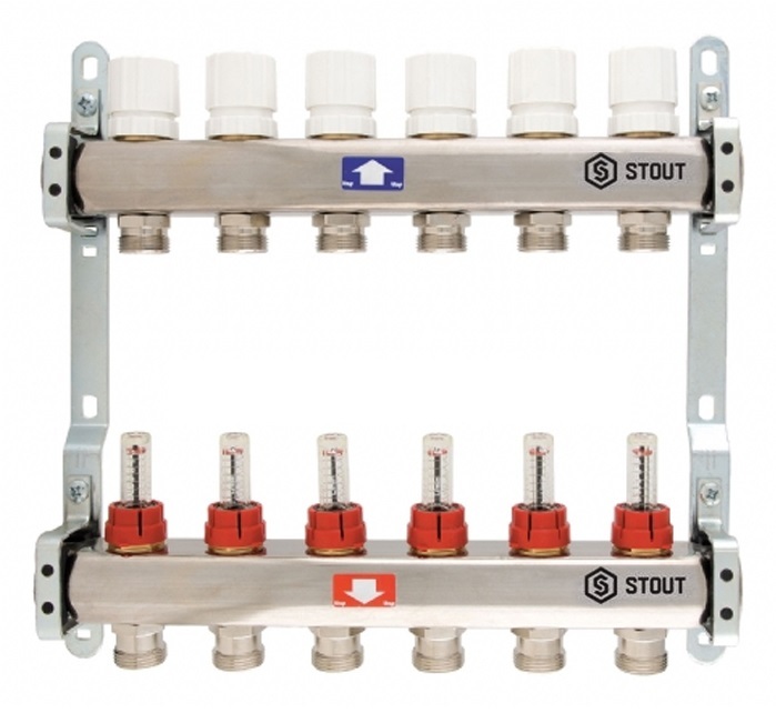 Коллектор Stout 1" x 3/4" на 7 контуров с расходомерами (нерж. сталь) SMS-0917-000007