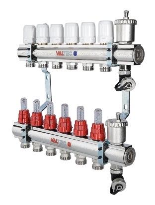 Коллекторный блок Valtec 1"х3/4" 10 выходов с расходомерами (латунь) VTc.596.EMNX.0610